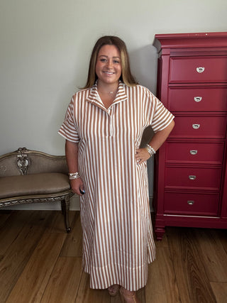 Entro Taupe Striped Midi Dress