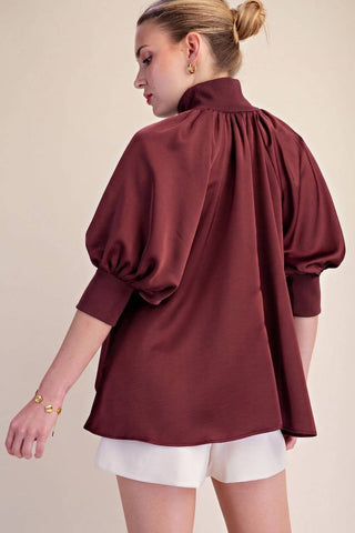 Glam Mock Neck Puff Sleeve Satin Blouse