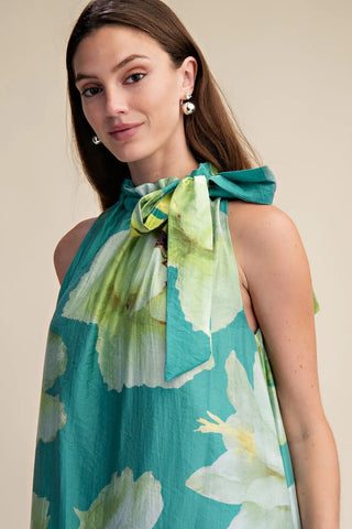 Glam Ruffle Neck Tie Floral Midi Dress