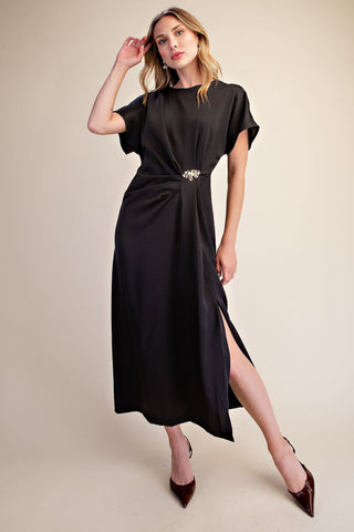 Glam Black Pleated Satin Slip Dress