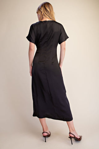 Glam Black Pleated Satin Slip Dress