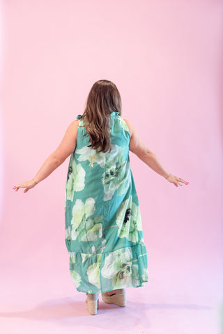 Glam Ruffle Neck Tie Floral Midi Dress