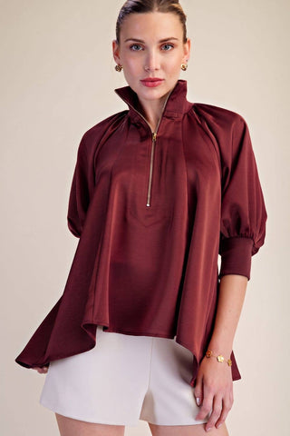 Glam Mock Neck Puff Sleeve Satin Blouse