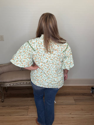 Umgee Floral V-neck Blouse with Ric Rac Trim