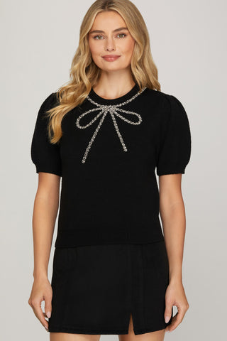 She+Sky Beaded Bow Sweater Top