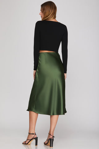She+Sky Green Satin Bias Midi Skirt