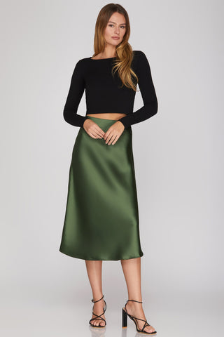 She+Sky Green Satin Bias Midi Skirt