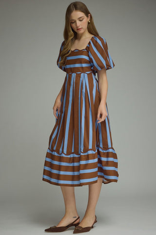 Entro Striped Scalloped Hem Midi Dress