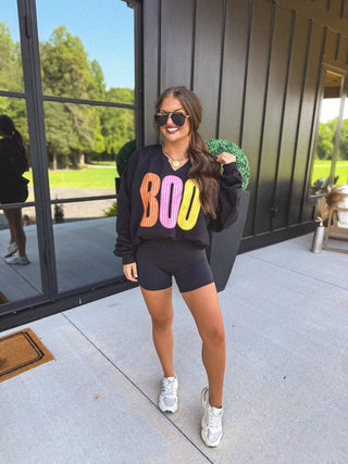 BOO Striped SPLIT NECK Graphic Crewneck