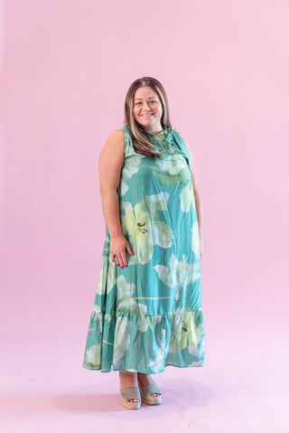 Glam Ruffle Neck Tie Floral Midi Dress