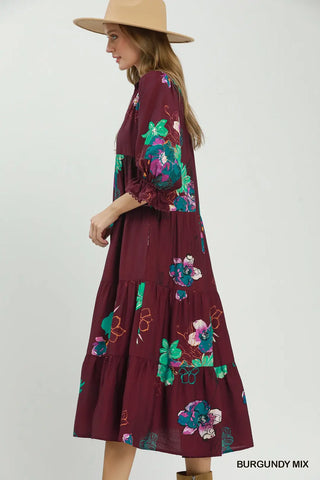 Umgee Floral Tiered Midi Dress