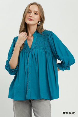 Umgee Smocked Yoke Button Front Blouse
