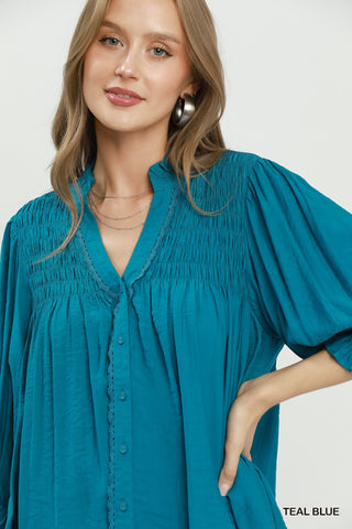 Umgee Smocked Yoke Button Front Blouse