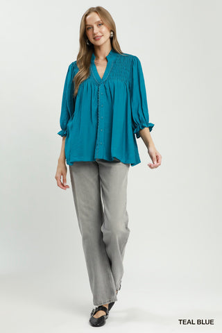 Umgee Smocked Yoke Button Front Blouse