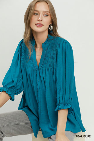 Umgee Smocked Yoke Button Front Blouse
