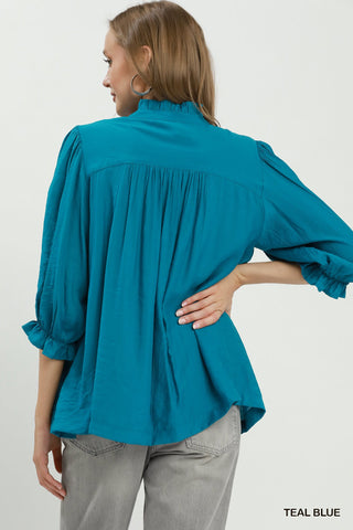 Umgee Smocked Yoke Button Front Blouse