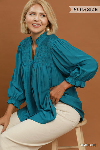 Umgee Smocked Yoke Button Front Blouse