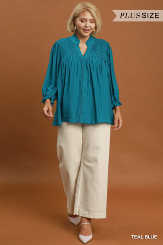 Umgee Smocked Yoke Button Front Blouse