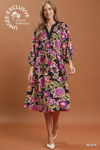 Umgee Bright Floral Embroidered Midi Dress