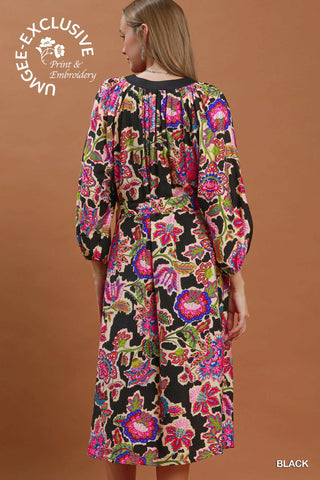 Umgee Bright Floral Embroidered Midi Dress