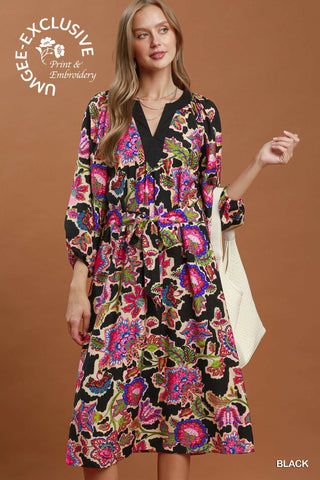 Umgee Bright Floral Embroidered Midi Dress
