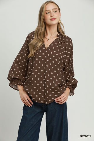 Umgee Polka Dot Ruffle Cuff Blouse