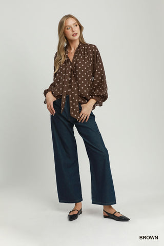 Umgee Polka Dot Ruffle Cuff Blouse