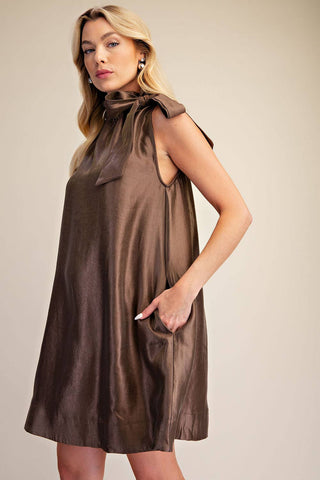 Glam Ruffle Tie Neck Sleeveless Side Pocket Mini Dress