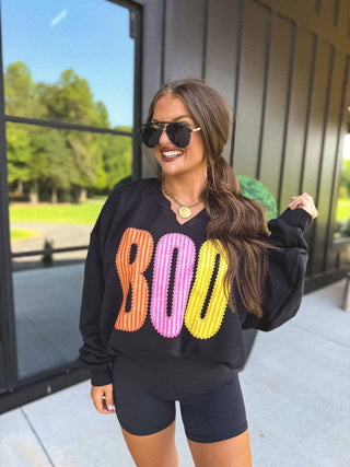 BOO Striped SPLIT NECK Graphic Crewneck