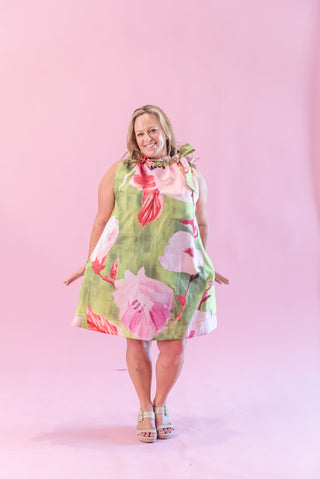 Glam Floral Ruffle Neck Tie Mini Dress