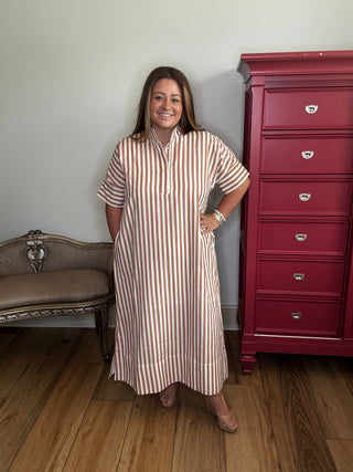 Entro Taupe Striped Midi Dress