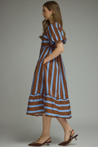 Entro Striped Scalloped Hem Midi Dress