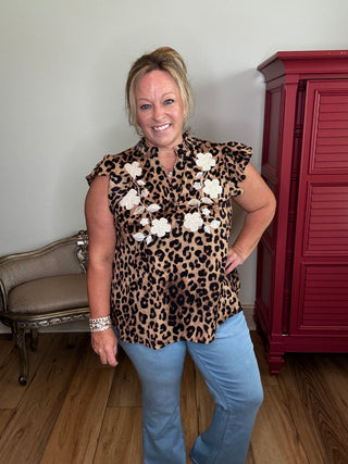 Oddi Leopard Floral  Applique Top