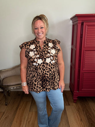 Oddi Leopard Floral  Applique Top
