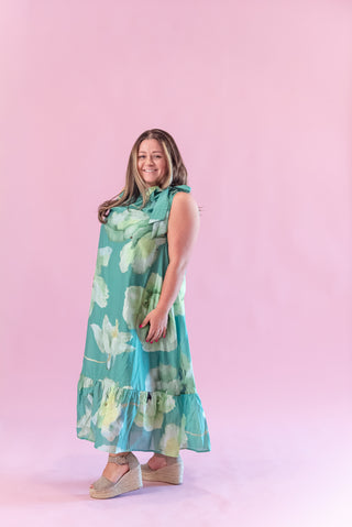 Glam Ruffle Neck Tie Floral Midi Dress