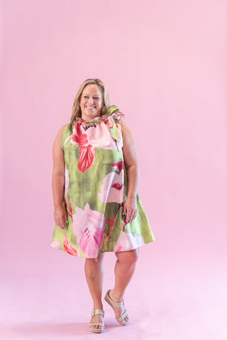 Glam Floral Ruffle Neck Tie Mini Dress