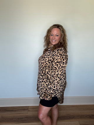 White Birch Camel Leopard Satin Button Up Shirt