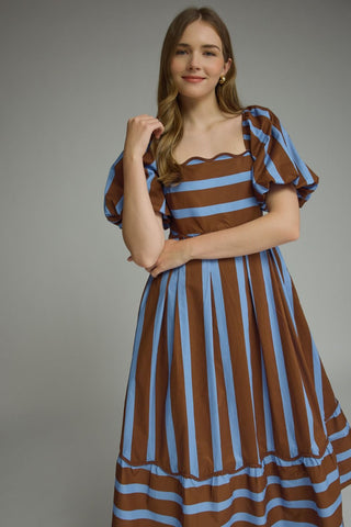 Entro Striped Scalloped Hem Midi Dress
