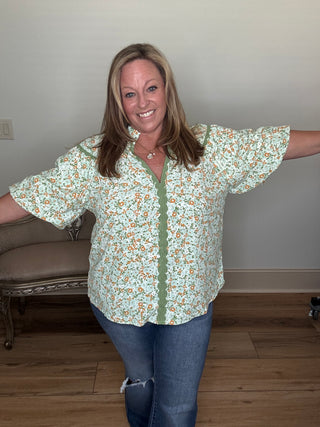 Umgee Floral V-neck Blouse with Ric Rac Trim
