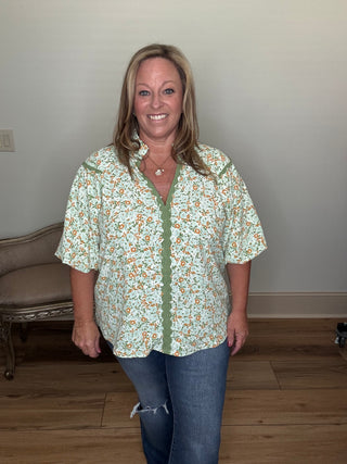 Umgee Floral V-neck Blouse with Ric Rac Trim