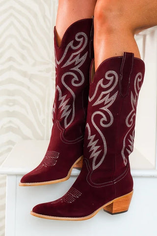 Nia Burgundy Suede Western Boots by MiiM