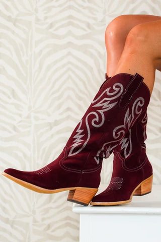 Nia Burgundy Suede Western Boots by MiiM