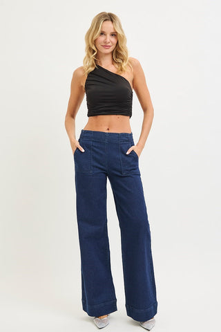 Risen Elastic Band High Rise Wide Jeans with Patch Pockets
