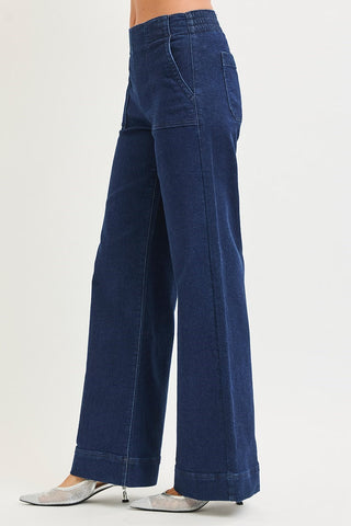 Risen Elastic Band High Rise Wide Jeans with Patch Pockets