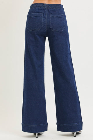 Risen Elastic Band High Rise Wide Jeans with Patch Pockets