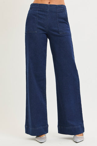 Risen Elastic Band High Rise Wide Jeans with Patch Pockets