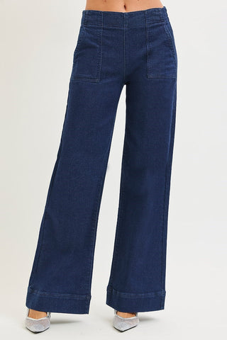 Risen Elastic Band High Rise Wide Jeans with Patch Pockets