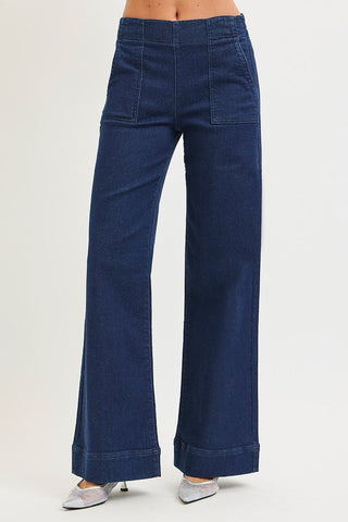 Risen Elastic Band High Rise Wide Jeans with Patch Pockets