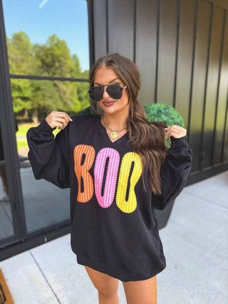 BOO Striped SPLIT NECK Graphic Crewneck
