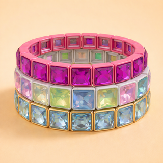 Enamel Stretch Bracelet - Square Gems - Libby - Asst Colors